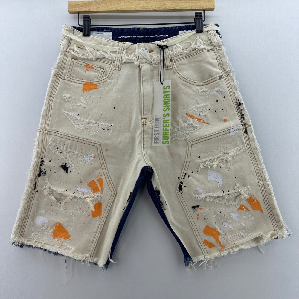 First Row‎ Surfer's Shorts Size 30 Distressed Paint Splatter Denim NWT